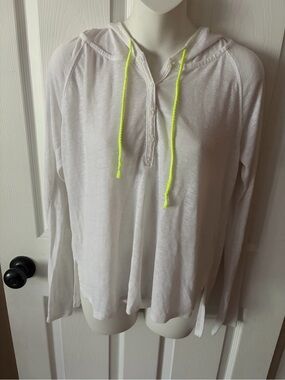 Bongo White Linen Blend Hooded Pullover Shirt With Neon Drawstrings Women’s M